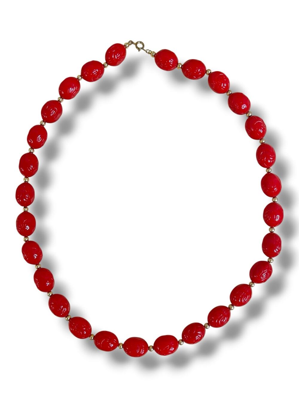 Vtg Egyptian Revival Red Scarab Beetle Beaded Necklace Gold Tone Spacers 1970s